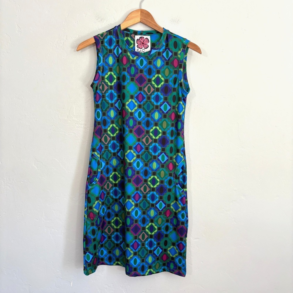 Sleeveless Geometric Print Mini Dress in Teal and Blue
